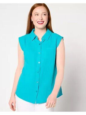 Belle by Kim Gravel Women Top sz 1X Beach Cotton Gauze Blue A646266